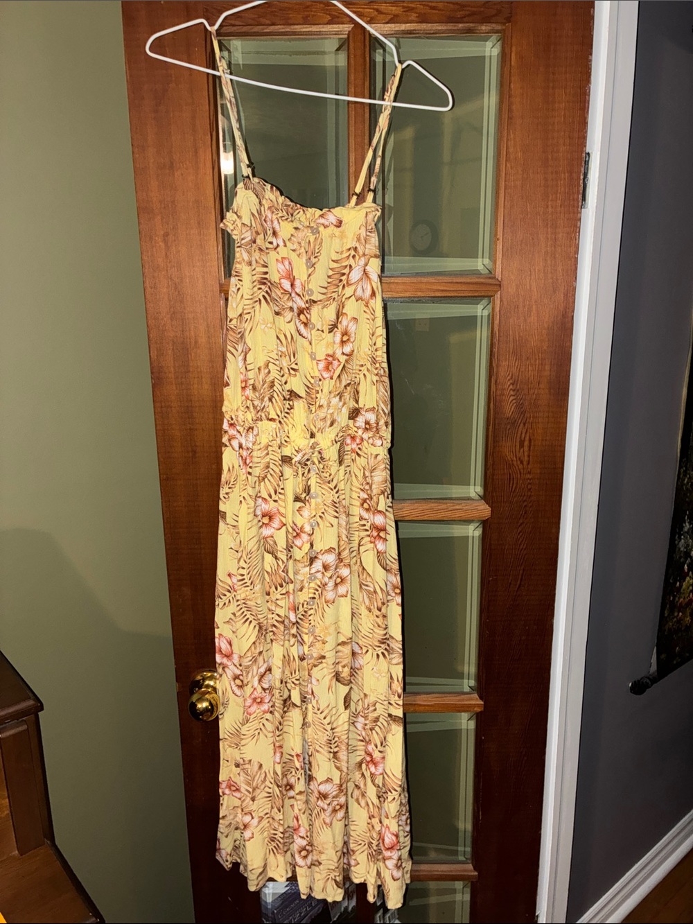 Rip Curl Yellow Floral Maxi Dress with Spaghetti Straps and Elastic Bodice
